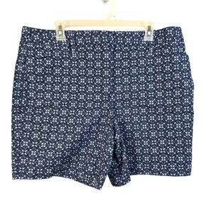 Lands' End Chino Shorts Women's 14 Navy Blue Tile Print Nautical Coastal Beachy
